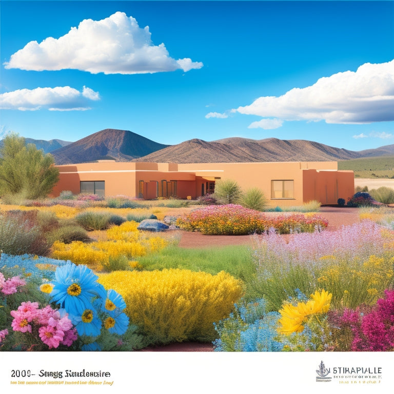 A vibrant illustration of a New Mexico landscape, with a subtle outline of a childcare facility in the background, surrounded by blooming flowers and a sunny sky with a few scattered clouds.