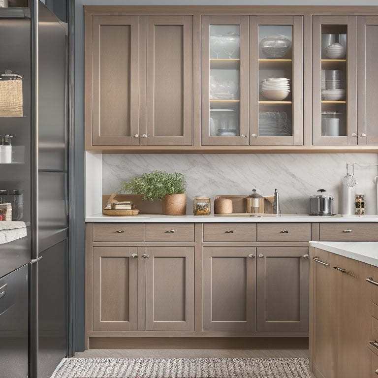 A bright, modern kitchen with sleek, handle-free cabinets in a light wood tone, featuring touch-to-open doors, pull-out spice racks, and a built-in coffee station with a hidden coffee maker.