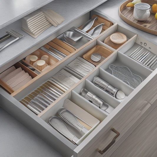 A tidy kitchen drawer with customized inserts, featuring neatly arranged utensils, cookware, and dinnerware, all separated by dividers and compartments, with soft, warm lighting and a blurred background.