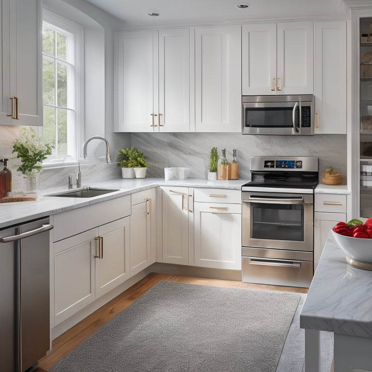 A modern kitchen with sleek, white cabinets, featuring a workstation sink kit with a built-in cutting board, soap dispenser, and utensil holder, surrounded by stainless steel appliances and marble countertops.