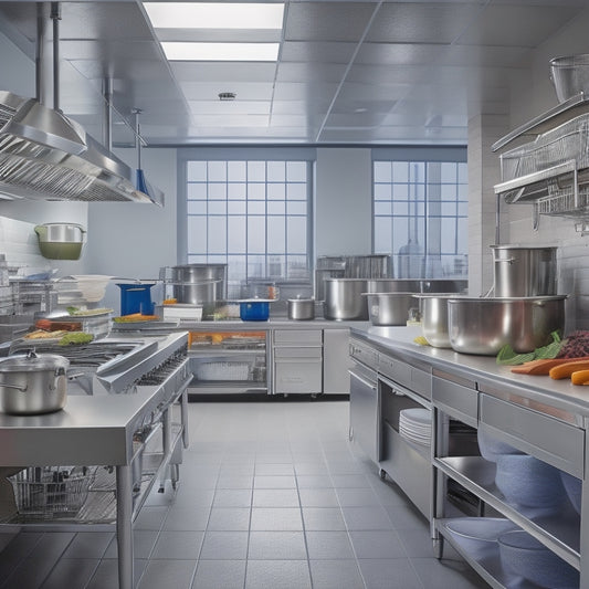 A bustling commercial kitchen scene with stainless steel countertops, shelves stocked with dinnerware and utensils, a commercial range with pots and pans, and a walk-in refrigerator in the background.