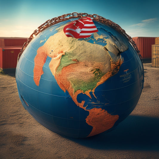 A globe with a red "X" marked over Russia, surrounded by broken chains and torn shipping containers, with a faint American flag pattern in the background, conveying economic restriction.