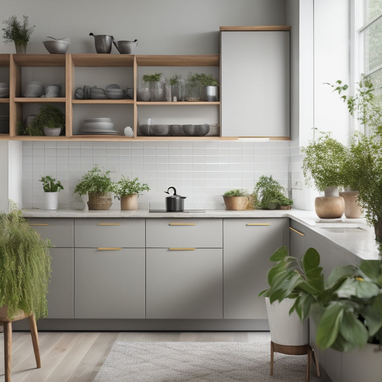 A serene, well-lit kitchen with sleek, minimalist cabinetry and drawers, featuring a prominent, empty space with a few strategically placed, eco-friendly storage bins and a small potted herb plant.