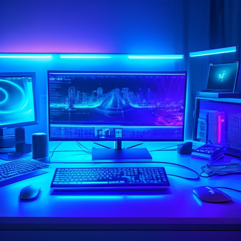 A futuristic desk setup with a sleek laptop, multiple monitors, a wireless keyboard, and a high-tech mouse, surrounded by tangled wires and cables, set against a dark blue background with neon accents.