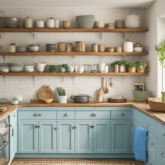 A clutter-free kitchen with open cabinets showcasing stacked ceramic plates, woven baskets, and labeled jars, alongside a wall-mounted pegboard with hanging utensils and a pull-out trash can.