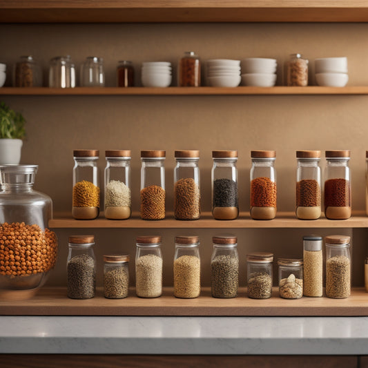 A tidy kitchen countertop with 7 differently designed vertical spice storage solutions, each filled with various spices, against a warm beige background with soft, natural light.