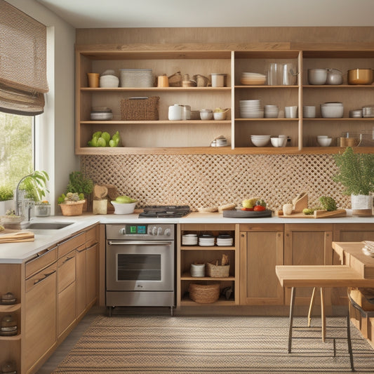 A bright, modern kitchen with warm wood tones, sleek countertops, and stainless steel appliances, featuring a pegboard with organized utensils, a pull-out spice rack, and a tiered island with woven baskets.