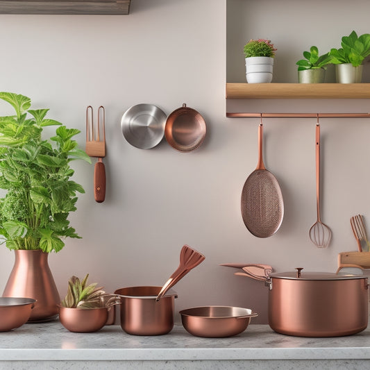 A tidy kitchen counter with a sleek, wall-mounted utensil organizer featuring neatly arranged cooking utensils, a few copper pots, and a small potted herb plant in the background.