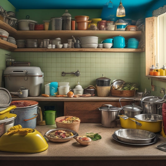 A crowded kitchen with stacked dirty dishes, overflowing trash cans, and countertops cluttered with appliances, utensils, and food packaging, set against a backdrop of worn, yellowed walls and dim lighting.