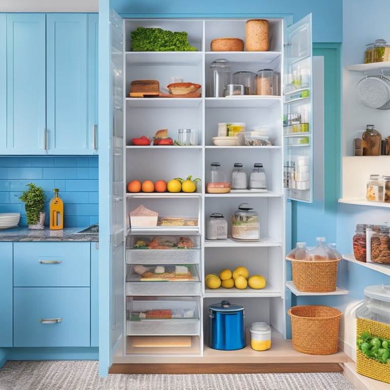 An organized kitchen with a dedicated gluten-free zone, a utensil organizer with color-coded handles, and a refrigerator with labeled bins for dairy-free and vegan options, set against a calming, light-gray background.