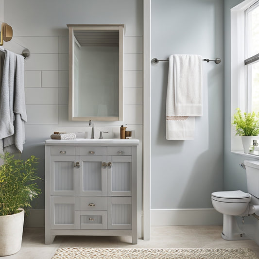 A serene, modern bathroom with a wall-mounted cabinet featuring sliding glass doors, a recessed medicine cabinet, a pedestal sink with a built-in storage drawer, and a woven basket on the floor holding rolled towels.