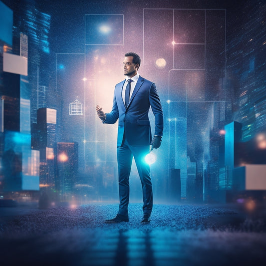 A stylized illustration of a professional standing in front of a massive, glowing puzzle piece, with smaller pieces orbiting around them, surrounded by subtle business and analytics icons.