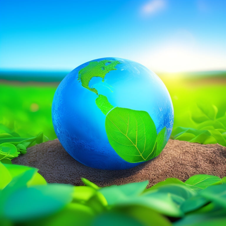 An illustration of a stylized, glowing green globe surrounded by swirling leaves and vines, with a subtle recycling symbol pattern in the background, set against a soft, gradient blue sky.