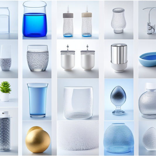 A split-screen image featuring 12 different water filters of varying shapes and sizes, set against a clean white background, with subtle water droplets and gentle ripples surrounding each filter.