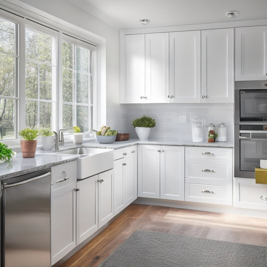 An L-shaped kitchen with a corner sink placed under a large window, surrounded by sleek white cabinets, stainless steel appliances, and a rich wood floor.