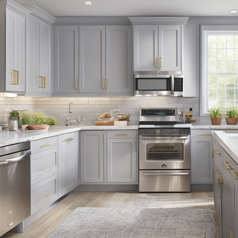 A bright, modern kitchen with warm beige cabinets, soft gray countertops, and stainless steel appliances, featuring Kraftmaid drawer solutions with custom inserts and soft-close mechanisms.