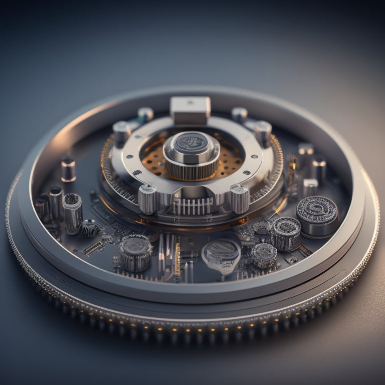 A futuristic, minimalist illustration of a sleek, silver hub with interconnected gears, wires, and circuits, surrounded by various design tools and machinery, with a subtle glow effect.