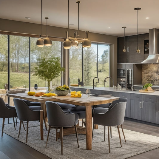 A modern kitchen with a large island, pendant lights, and a built-in wine rack, featuring a circular dining table with 6 chairs, a buffet against a wall, and a sliding glass door to the outdoor patio.