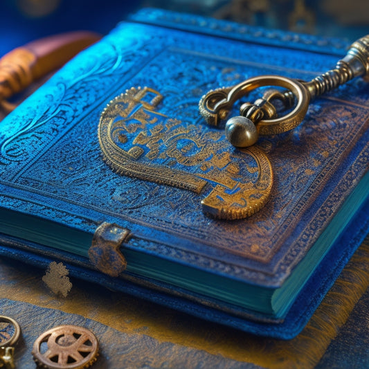 An ornate, old-fashioned key unlocking a worn, leather-bound book with golden filigree, surrounded by cryptic symbols, gears, and subtle, glowing blue circuitry in the background.