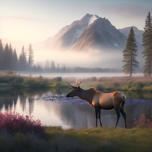 A serene landscape featuring a misty mountain range at dawn, with a majestic elk standing at the edge of a tranquil lake, surrounded by lush greenery and vibrant wildflowers.