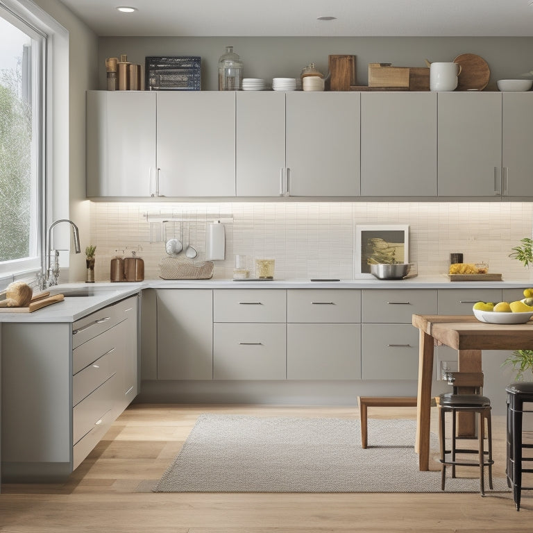 A clutter-free kitchen with sleek, minimalist cabinets, a utensil organizer mounted on the wall, a pull-out trash can, and a kitchen island with built-in drawers and a cooktop.