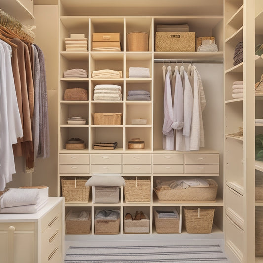 A tidy, organized closet with shelves and drawers, showcasing a variety of lids stacked, hung, and stored in innovative ways, with soft, natural lighting and a calming, neutral color scheme.