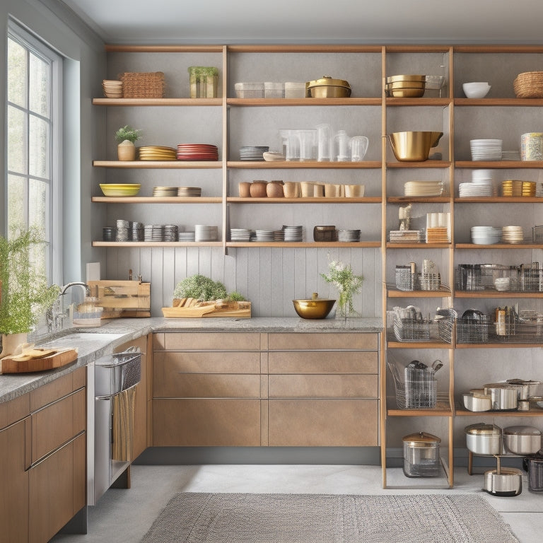 A modern kitchen with polished stone countertops, featuring a floor-to-ceiling vertical shelving unit with metallic frames, holding multiple rows of cookbooks, baskets, and kitchen gadgets, against a light-gray background.