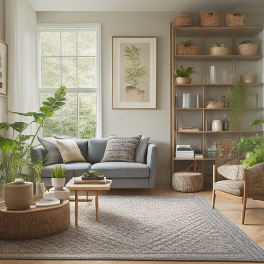 A serene, minimalist living room with a floor-to-ceiling bookshelf, woven baskets, and a geometric-patterned rug, surrounded by lush green plants and a few carefully placed decorative objects.