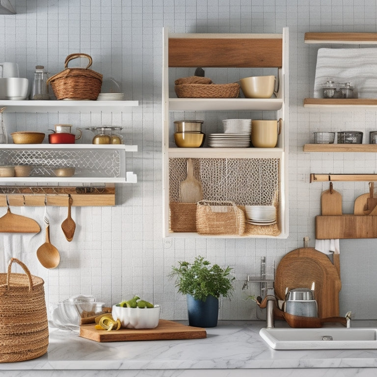 A bright, airy kitchen with white cabinets, wooden countertops, and a utensil-adorned pegboard, featuring four differently styled shelf dividers: woven basket, wooden slat, metal grid, and fabric curtain.