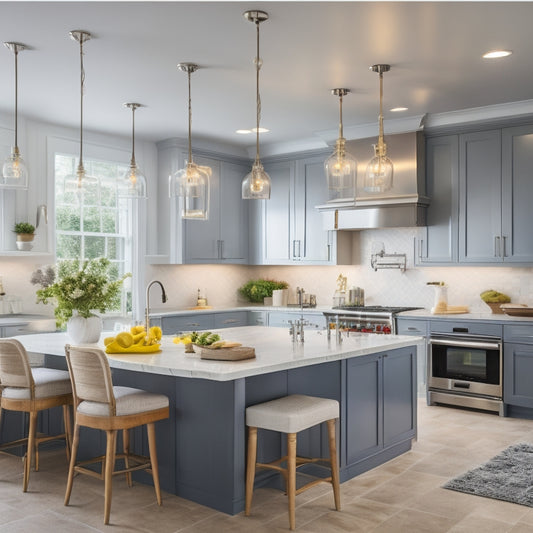 A bright, modern kitchen with a large island, pendant lights, and a mix of open and closed cabinetry, showcasing a functional U-shaped layout with ample counter space and a built-in cooktop.