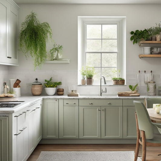 A serene kitchen with a vast, uncluttered countertop, adorned with a few strategically-placed, sleek appliances and a small, lush green plant, set against a calming, soft-white background.