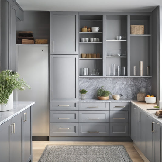 A modern kitchen with sleek, handleless cabinets in a soft gray finish, featuring pull-out pantry shelves, a built-in coffee station, and a clever utensil organizer on the back of a door.