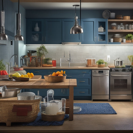 A warm, well-lit kitchen with a dedicated allergen-free zone, featuring a separate counter, sink, and cooking station, surrounded by clear labels, color-coded utensils, and a prominent emergency kit.