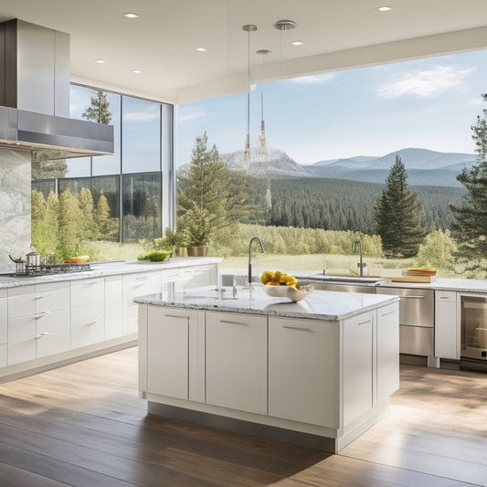 A bright, modern open concept kitchen with sleek white cabinets, a large island with a built-in cooktop, and a floor-to-ceiling window with a scenic outdoor view.