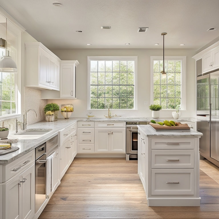 A modern kitchen with sleek white cabinets, pull-out pantry, and built-in appliances, featuring a large island with a sink and ample counter space, surrounded by natural light pouring in through a floor-to-ceiling window.