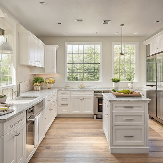 A modern kitchen with sleek white cabinets, pull-out pantry, and built-in appliances, featuring a large island with a sink and ample counter space, surrounded by natural light pouring in through a floor-to-ceiling window.