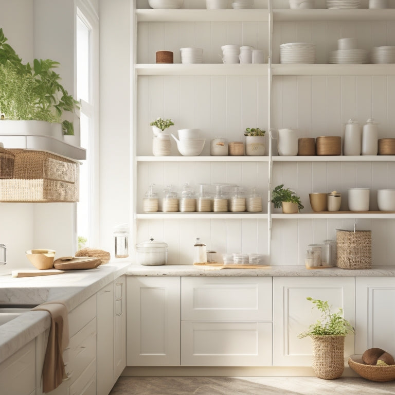 A serene, minimalist kitchen with sleek, white cabinets, showcasing a cleverly organized interior: tiered shelves, woven baskets, and a pull-out spice rack, illuminated by soft, natural light.