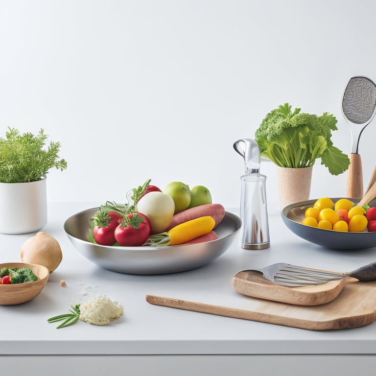 A tidy kitchen counter with a few essential items: a small utensil holder, a wooden cutting board, a stainless steel mixing bowl, and a few fresh vegetables, set against a clean white background.