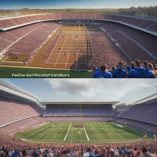 A split-screen image featuring a packed UK athletics stadium on one side, with fans wearing school colors and cheering, and a detailed illustration of a football field with pylons, yard lines, and goalposts on the other.