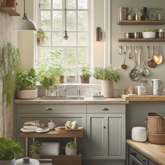 A serene kitchen interior with a calm color palette, featuring a tidy countertop, a utensil organizer with neatly arranged cooking tools, and a few potted plants on a shelf, surrounded by soft, natural light.