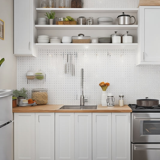 A small, sleek kitchen with a stainless steel backsplash, white cabinets, and a wooden countertop, featuring a pegboard with hung utensils, a tiered spice rack, and a compact trash can.