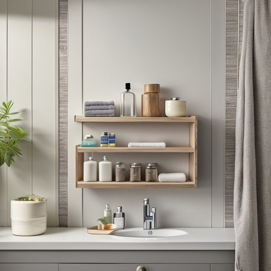 A modern, wall-mounted shelving unit in a small bathroom, with three floating shelves in a distressed wood finish, holding a variety of bathroom essentials and decorative items, against a soft gray background.