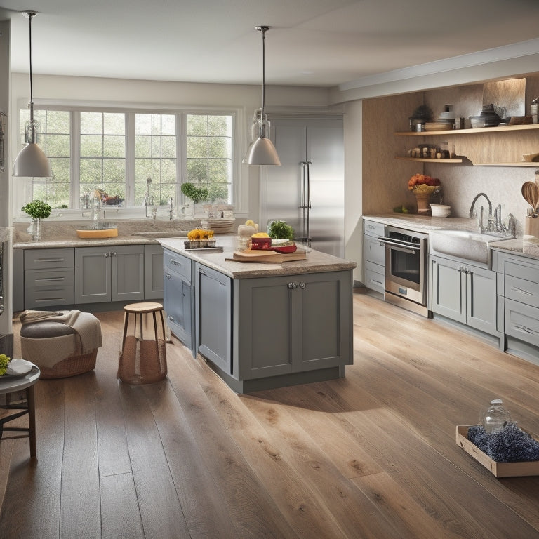 An open-plan kitchen with a wheelchair-accessible island, rounded countertops, and lowered sinks, featuring a roll-under cooktop, wall-mounted utensil holders, and a clear floor path for easy navigation.