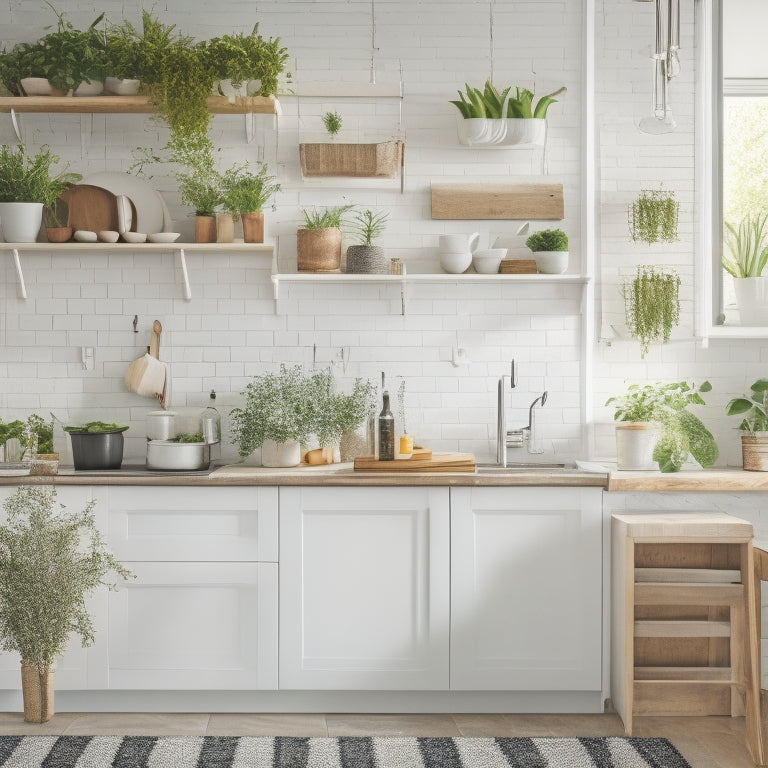 A bright, modern kitchen with sleek white cabinets, a large island, and a utensil-filled pegboard on the wall, featuring a few strategically placed baskets and a small, potted herb plant.