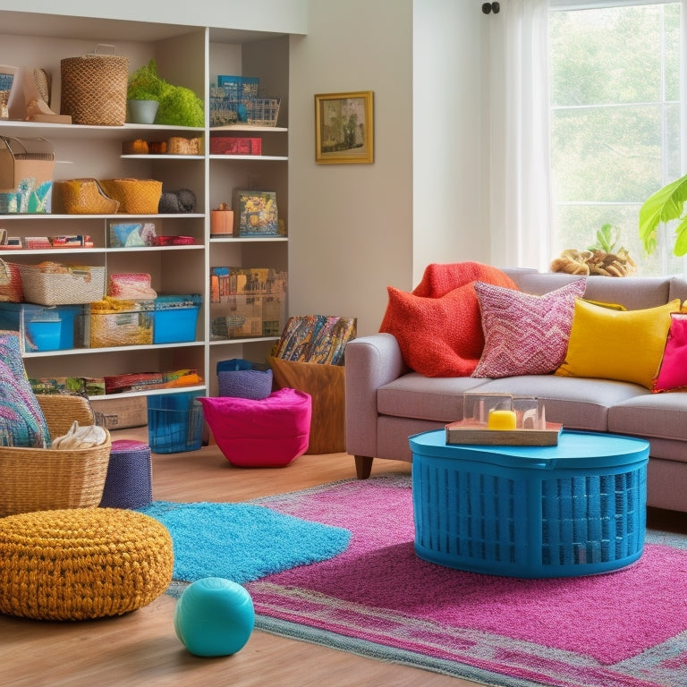 A colorful, clutter-free living room with a ottoman made from a dollar store storage bin, surrounded by neatly organized dollar store baskets and bins, with a few decorative items on a shelf.