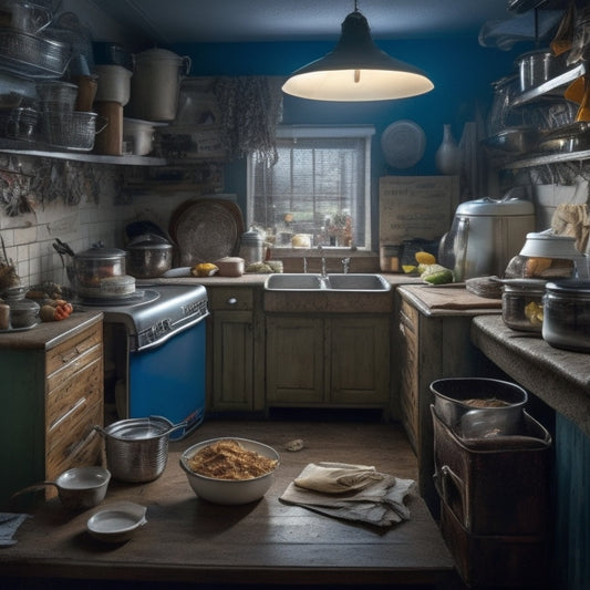 A dimly lit kitchen with cluttered, worn-out cabinets, stacked with mismatched containers, crumpled papers, and expired food items, surrounded by a mess of utensils and appliances, with a faint outline of a frustrated cook in the background.