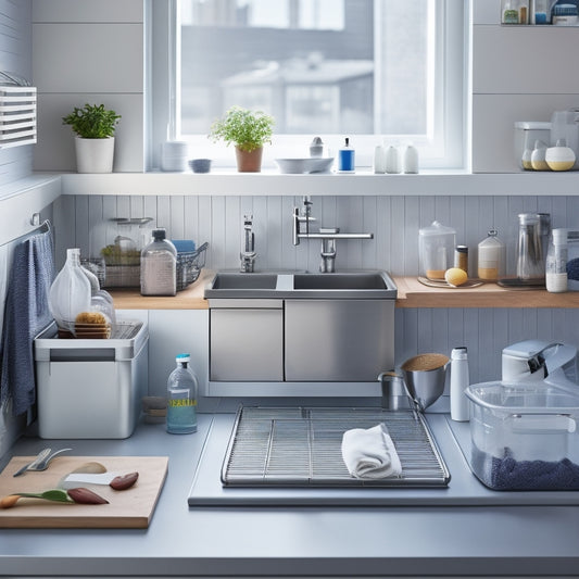 A clutter-free kitchen sink area with a stainless steel sink, surrounded by sleek, modern sink organizers, including a sliding drawer, a turntable, and a wall-mounted shelf, filled with neatly arranged cleaning supplies and utensils.