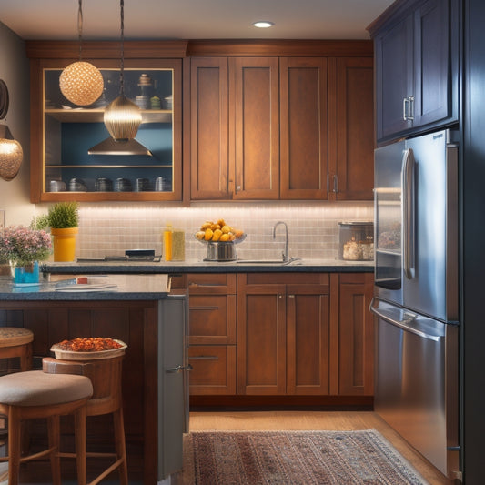 A kitchen corner with a carousel cabinet, a pull-out trash can, and a wall-mounted spice rack, surrounded by sleek countertops and modern appliances, with a warm, inviting lighting.