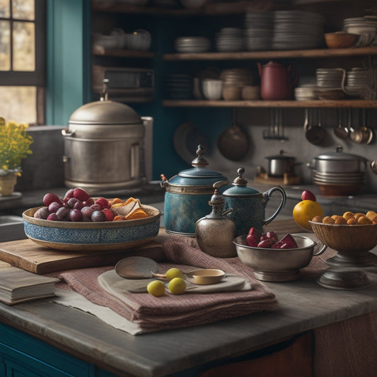 A cozy kitchen with a wooden island, featuring a stack of worn cookbooks with colorful spines, a vintage recipe box with ornate hardware, and a few loose recipe cards scattered around.