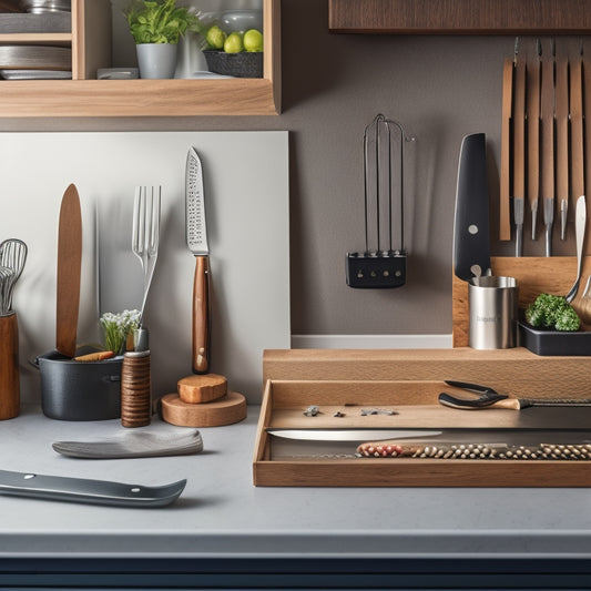 A tidy kitchen counter with a wooden knife block, a stainless steel knife strip on the wall, and a drawer organizer with dividers, showcasing various knives in each storage solution.